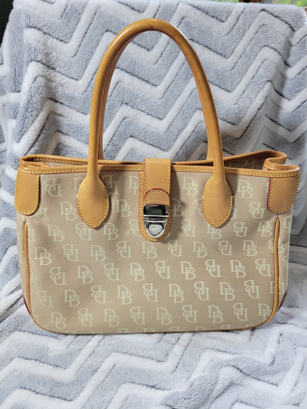Dooney & Bourke Beige Monogram Shoulder Bag with Tan Trim